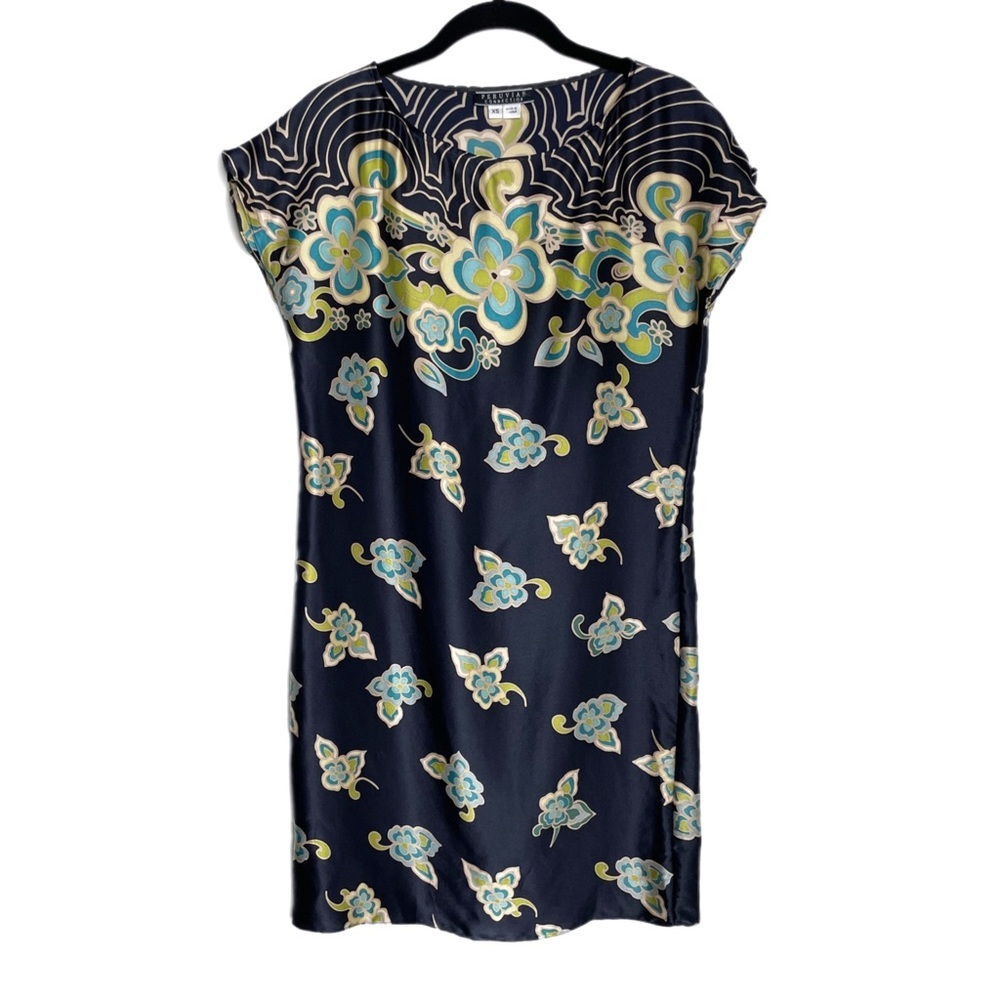 Peruvian Connection Navy Blue Silk Floral Dress XS